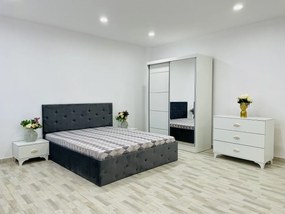 Dormitor Erika / Paris, culoare alb / gri, cu pat tapitat 160 x 200 cm, dulap cu oglinda 150 cm, comoda si 2 noptiere
