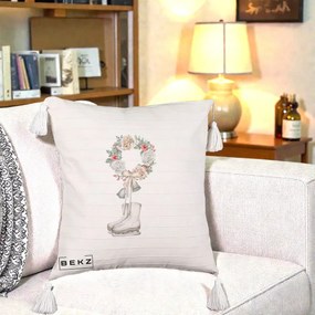 Perna Decorativa Patine cu Coroana Florala de Craciun, 40x40 cm, Bej cu Franjuri, Husa Detasabila, Perna Inclusa, BEKZ®