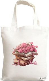 Sacosa de Panza pentru Cumparaturi, Geanta Tote, model Books and flowers 4 38 x 34.5 cm, Alba, BEKZ®