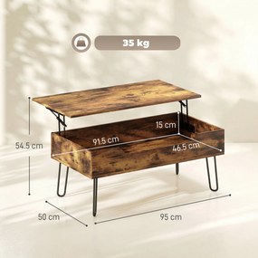 HOMCOM Masă de cafea dreptunghiulară din lemn cu depozit mare ascuns, înălțime reglabilă, 95 x 50 x 40 cm, Maro rustic | Aosom Romania
