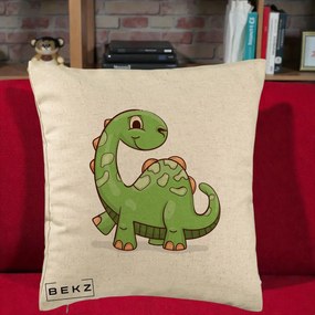 Perna Decorativa Brontosaur Verde Simpatic, 40x40 cm, Bej, Husa Detasabila, Perna Inclusa, BEKZ®