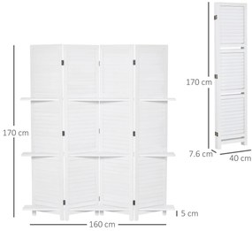 HOMCOM Paravent interior 4 Panouri 160L x 170H cm 3 rafturi Pliabile separator de cameră Uși pliante Lemn de Paulownia Alb | Aosom Romania