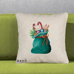 Perna Decorativa Saculet Cadouri Mos Craciun Acuarela Verde, 40x40 cm, Bej Canapea, Husa Detasabila, Perna Inclusa, BEKZ®