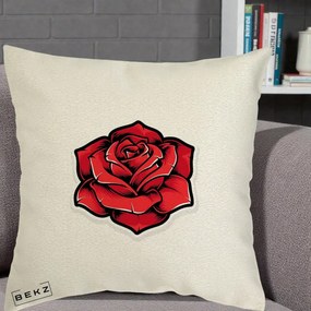 Perna Decorativa Trandafir Rosu Tattoo, 40x40 cm, Ecru, Husa Detasabila, Perna Inclusa, BEKZ®