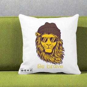 Perna Decorativa Leu Hipster Be Brave, 40x40 cm, Alba Mata, Husa Detasabila, Perna Inclusa, BEKZ®