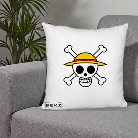 Perna Personalizata One Piece Jolly Roger Straw Hat Pirates, 40x40 cm, Alb Pufos, Husa Detasabila, Perna Inclusa, BEKZ®