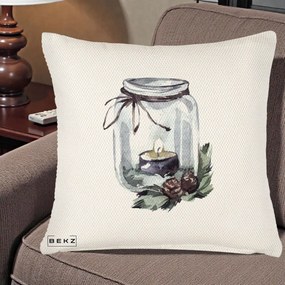 Perna Decorativa Felinar cu Lumanare si Conuri, 40x40 cm, Crem Reliefat, Husa Detasabila, Perna Inclusa, BEKZ®