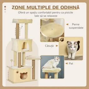 PawHut Ansamblu de joacă pentru Pisici Înalt 136 cm cu Căsuță Detașabilă, Căsuță și Pătuț, Stâlpi din Iută, Bej | Aosom Romania