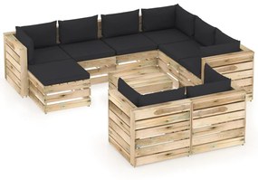Set mobilier de gradina cu perne, 10 piese, lemn verde tratat negru si maro, 10