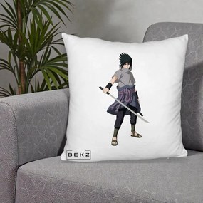 Perna Personalizata Naruto Sasuke Uchiha cu Sabia, 40x40 cm, Alb Pufos, Husa Detasabila, Perna Inclusa, BEKZ®