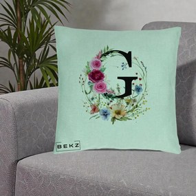 Cadou Personalizat - Perna Personalizata Monogram Litera G cu Flori Acuarela, 40x40 cm, Verde Menta, Husa Detasabila, Perna Inclusa, BEKZ®