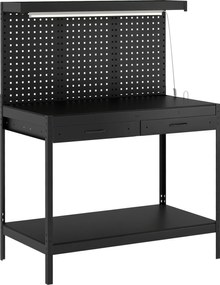 HOMCOM Banc de lucru 110 cm cu panou perforat, banc robust cu șină de prize și iluminare LED, Negru | Aosom Romania
