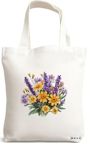 Sacosa de Panza pentru Cumparaturi, Geanta Tote, model Flowers 14 38 x 34.5 cm, Alba, BEKZ®