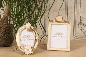 Ramă foto din polirășină, crem și auriu, ovală, cu ramură cu flori de magnolie sculptate, 22 x 14,8 x 3,5 cm, „Brocart”