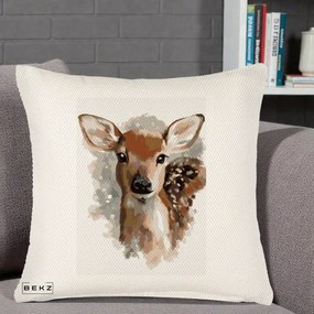 Perna Decorativa Caprioara Pui Acuarela, 40x40 cm, Crem Reliefat, Husa Detasabila, Perna Inclusa, BEKZ®