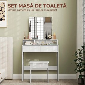 HOMCOM Masă de Toaletă cu Taburet, Masă de Machiaj cu Oglindă, 3 Rafturi, 2 Sertare, din Lemn, 75x38x135 cm, Alb | Aosom Romania