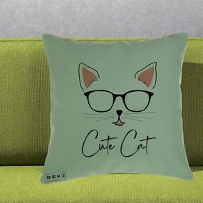 Perna Personalizata Cute Cat cu Ochelari, 40x40 cm, Verde, Husa Detasabila, Perna Inclusa, BEKZ®