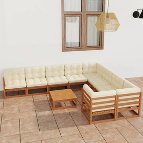 3077042 vidaXL Set mobilier grădină perne, 10 piese, maro miere lemn masiv pin