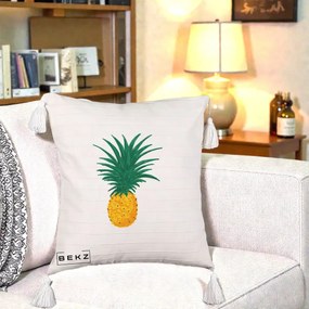 Perna Decorativa Ananas Tropical, 40x40 cm, Bej cu Franjuri, Husa Detasabila, Perna Inclusa, BEKZ®