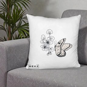 Perna Decorativa Fluture si Flori Linie Monocroma, 40x40 cm, Alb Pufos, Husa Detasabila, Perna Inclusa, BEKZ®