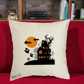 Perna Decorativa Halloween Casa Bantuita cu Fantome, 40x40 cm, Ecru, Husa Detasabila, Perna Inclusa, BEKZ®