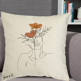 Perna Decorativa Portret Feminin Doua Flori, 40x40 cm, Ecru, Husa Detasabila, Perna Inclusa, BEKZ®