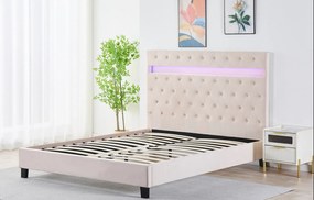 Pat Tapitat Catifea cu Iluminare LED, Somiera si Saltea Inclusa , Bej 160x200 cm Cod FB-18