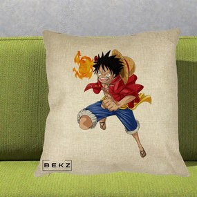 Perna Personalizata One Piece Luffy Gear Second Foc, 40x40 cm, Crem, Husa Detasabila, Perna Inclusa, BEKZ®