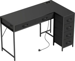HOMCOM Birou de Colț Reversibil cu Prize și Porturi USB, 126x48 cm Birou în Formă de L cu 6 Sertare din Material Textil, Cârlig Lateral, pentru Computer, Birou, Cameră, Negru | Aosom Romania