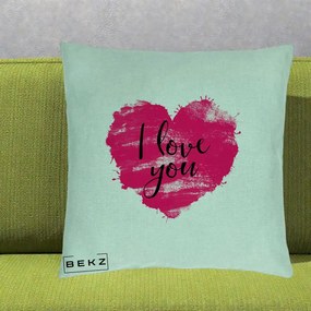 Cadou Romantic - Perna Personalizata I Love You Inima Roz, 40x40 cm, Verde Menta, Husa Detasabila, Perna Inclusa, BEKZ®