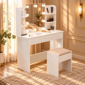 Set FRANCESCA – Masă de Toaletă pentru Machiaj, Oglinda Iluminata, Becuri LED, Sertar triplu, Polițe, Scaun, Alb