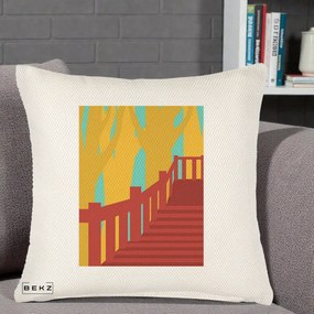 Perna Decorativa Scari Toamna Peisaj Grafic, 40x40 cm, Crem Reliefat, Husa Detasabila, Perna Inclusa, BEKZ®