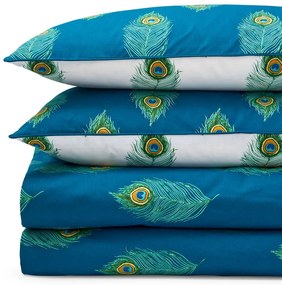 Lenjerie de pat albă/albastru-verde din bumbac pentru pat dublu-extinsă 230x220 cm Peacock Feather – Their Nibs