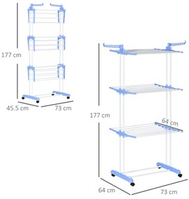 Uscator de rufe extensibil HOMCOM pe 4 niveluri cu 4 roti, din otel si pp, 73x64x177 cm, Alb si Argintiu | Aosom Romania