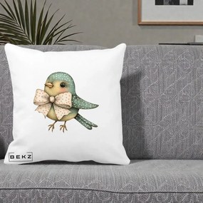 Perna Decorativa Pasare Teal cu Fundita cu Buline, 40x40 cm, Alba Mata, Husa Detasabila, Perna Inclusa, BEKZ®
