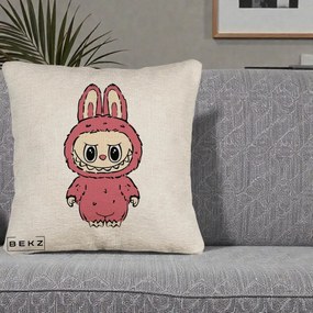 Perna Personalizata Labubu Roz Solo, 40x40 cm, Bej Canapea, Husa Detasabila, Perna Inclusa, BEKZ®