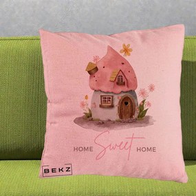 Perna Decorativa Home Sweet Home Casuta, 40x40 cm, Roz, Husa Detasabila, Perna Inclusa, BEKZ®