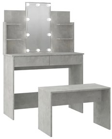 3114126 vidaXL Set măsuță de toaletă cu LED, gri beton, lemn prelucrat
