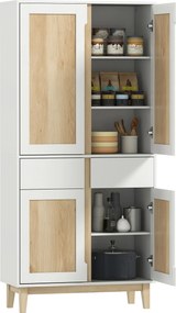 HOMCOM Bufet înalt de bucătărie, dulap de bucătărie cu 4 uși, 2 sertare și rafturi reglabile, 80x35x170cm, alb și stejar | Aosom Romania
