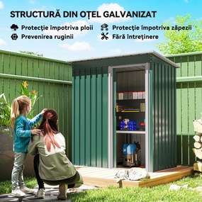 Outsunny Magazie de Grădină pentru Scule din Oțel Galvanizat cu Acoperiș Înclinat și Ușă Culisantă, 163x89x182 cm, Verde | Aosom Romania