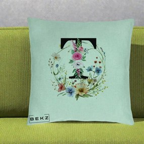 Cadou Personalizat - Perna Personalizata Monogram Litera T cu Flori Acuarela, 40x40 cm, Verde Menta, Husa Detasabila, Perna Inclusa, BEKZ®