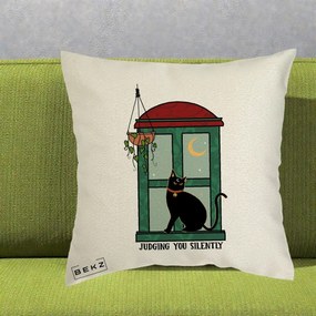 Perna Decorativa Judging You Silently Pisica Geam, 40x40 cm, Ecru, Husa Detasabila, Perna Inclusa, BEKZ®