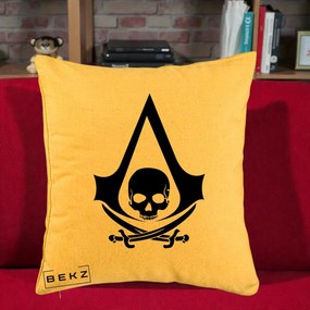 Perna Personalizata Assassin's Creed Black Flag Skull, 40x40 cm, Galben, Husa Detasabila, Perna Inclusa, BEKZ®