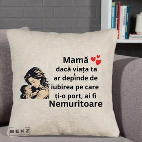 Cadou pentru Mama - Perna Personalizata Mama Nemuritoare Aproape de Bebe, 40x40 cm, Bej Canapea, Husa Detasabila, Perna Inclusa, BEKZ®