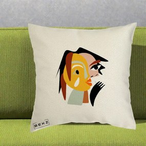 Perna Decorativa Portret Abstract Galben-Ocru, 40x40 cm, Ecru, Husa Detasabila, Perna Inclusa, BEKZ®