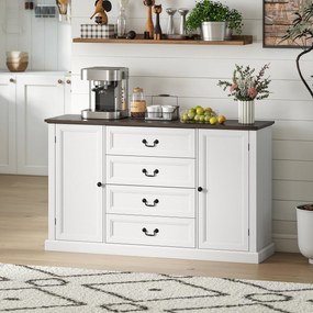 HOMCOM Credență de Bucătărie, Mobilier de Bucătărie cu 4 Sertare Soft Close, Blat Gros, Bufet cu Rafturi Reglabile, Stil Rustic, pentru Sufragerie, Sala de Mese, 147x40x87 cm, Alb | Aosom Romania