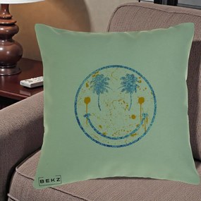 Perna Decorativa Smiley Face Tropical Albastru Glitter si Portocaliu, 40x40 cm, Verde, Husa Detasabila, Perna Inclusa, BEKZ®