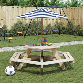 3281626 vidaXL Masă picnic pentru 6 copii cu umbrelă, hexagon, lemn masiv brad