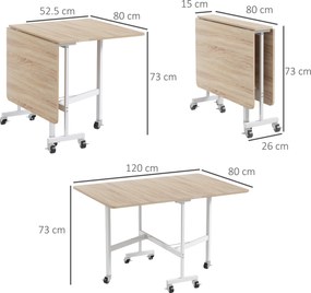 Masă pliabila cu 2 foi cu roți, masă de economisire a spațiului pentru living și bucătărie din MDF și oțel, 120x80x73cm, maro HOMCOM | Aosom Romania