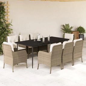 vidaXL Set de masă pentru grădină, 9 piese, cu perne, bej, poliratan